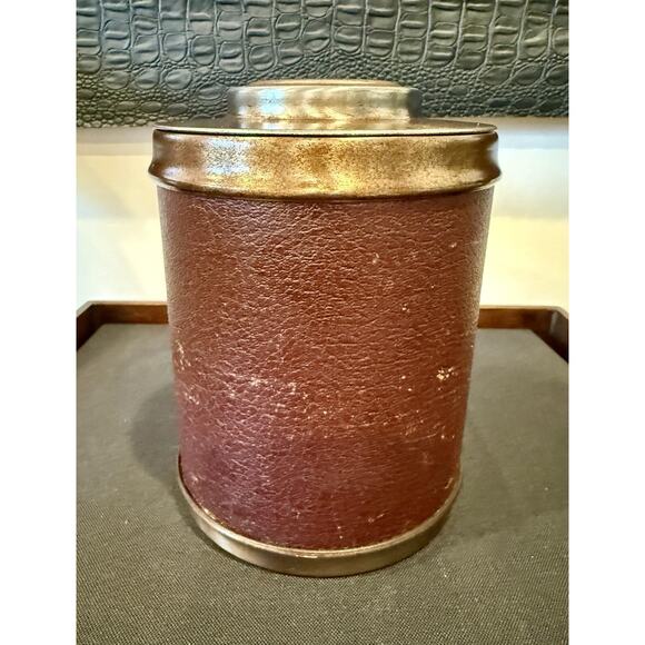 Vintage 50's Cigar Tobacco Humidor Canister Faux Leather & Metal w/Aztec Stone - Picture 1 of 8